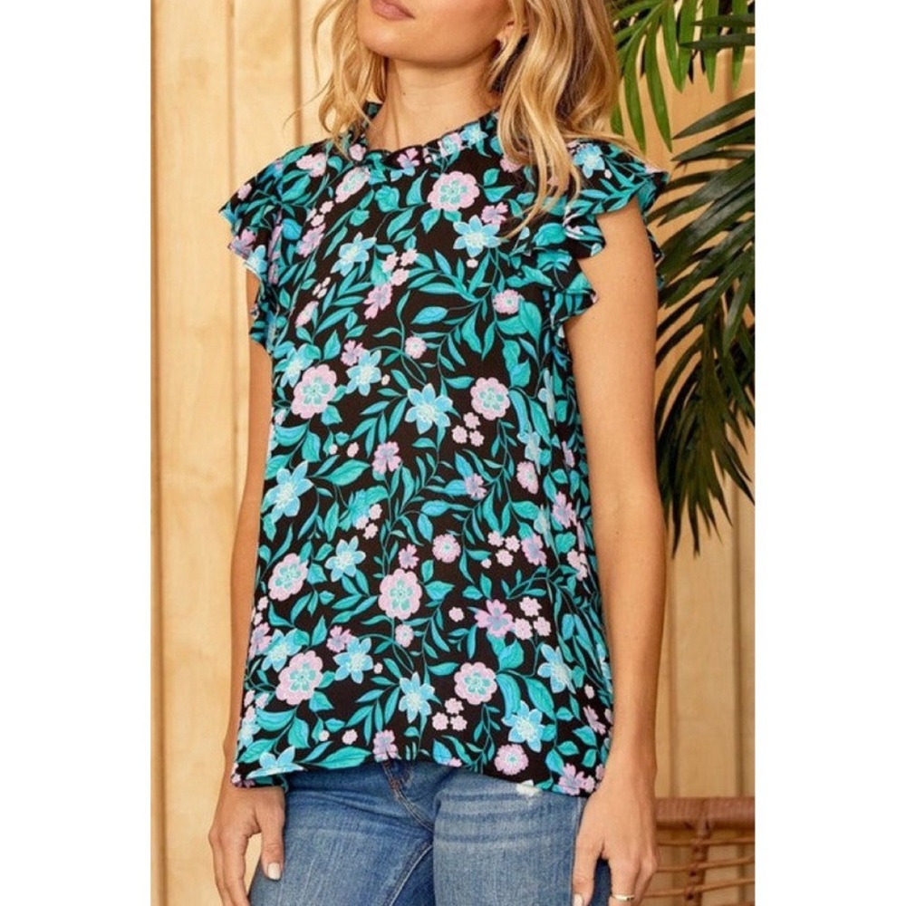 Emily Wonder Floral Print Top with Flutter Sleeves